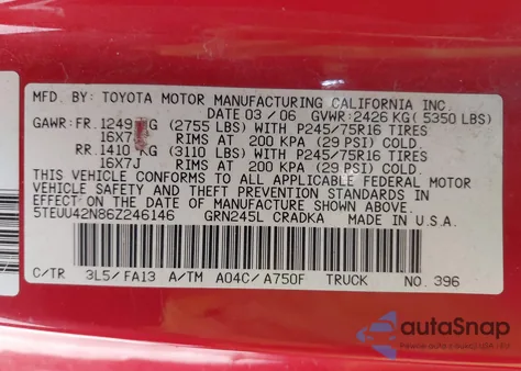 2006 Toyota Tacoma Base V6 из США, поврежденный, VIN 5TEUU42N86Z246146